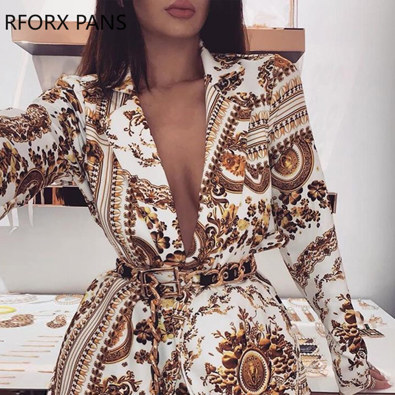 Plunge Colorful Print Long Sleeve Top & Shorts Sets