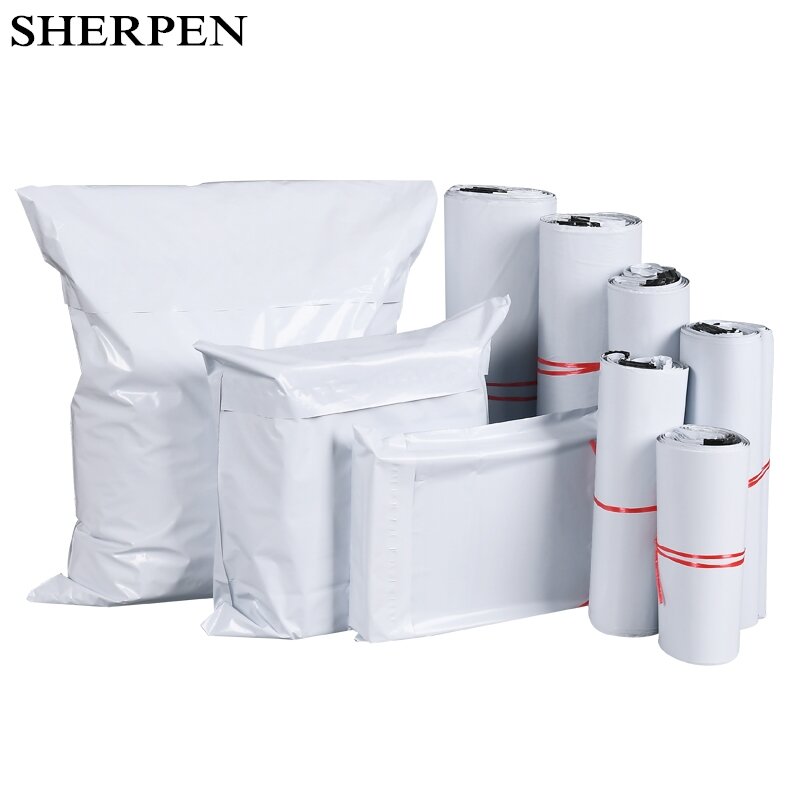 Sherpen-メール用の白いビニール袋,ポーチ,粘着シール,宅配用のビニール袋,50ユニット
