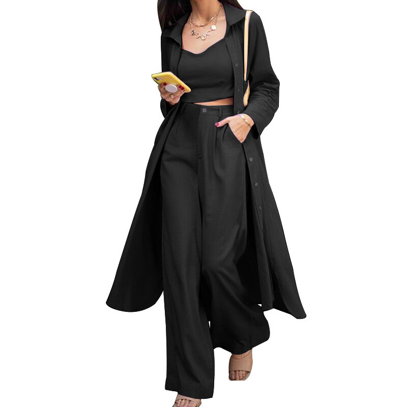 2021 Autumn New Arrival Women Set Three Piece Singble Breasted Long Trench + High Waist Pant+sleeveless Vest Suit Casual Outfits