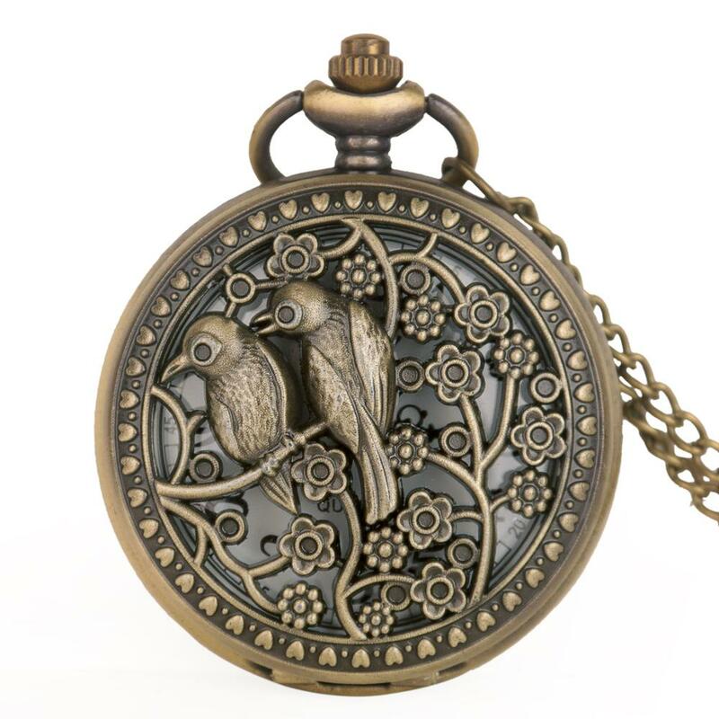 Relógio de bolso de bronze oco para homens e mulheres, adorável pássaro quartzo, retro, presentes, na moda, novo