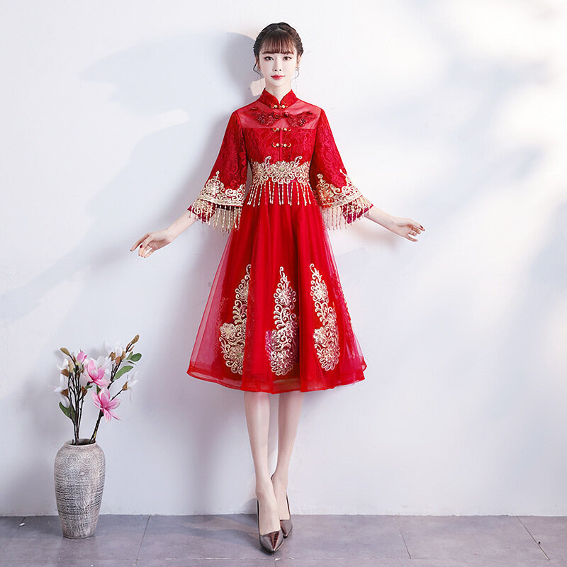 Chinese Covered Belly Wine Red Cheongsam Wedding Dress Polyester Lace Tassel Design High Waist Dress For Pregnant Woman ZL638