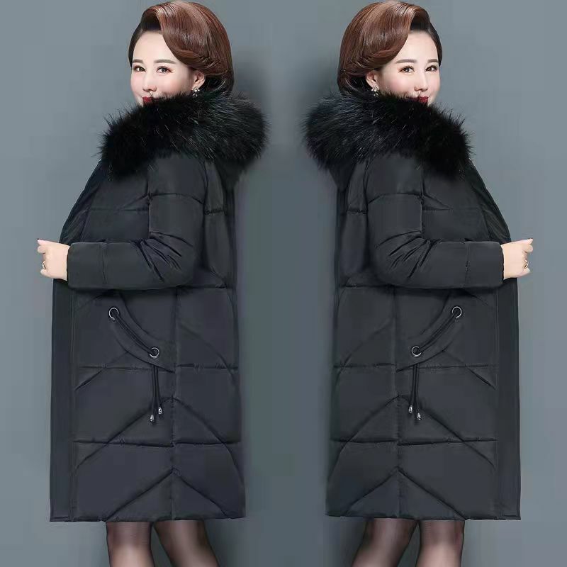 Mulheres de comprimento médio jaqueta com gola de pele grande, casaco monocromático, roupas de algodão, XL-7XL