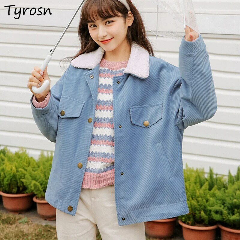 Women Parkas Corduroy Ulzzang Lambswool Turn-down Collar Coats Thicken Femme Lovely Doudoune Cozy Single Breasted Sweet Students