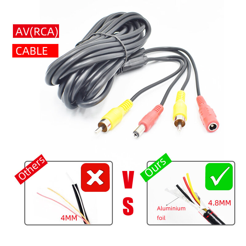 Câble d'extension AV/RCA pour caméra de recul de voiture, système vidéo DVR, fil de moniteur avec ligne d'alimentation CC, 5 m, 6 m, 10 m, 15 m, 20m