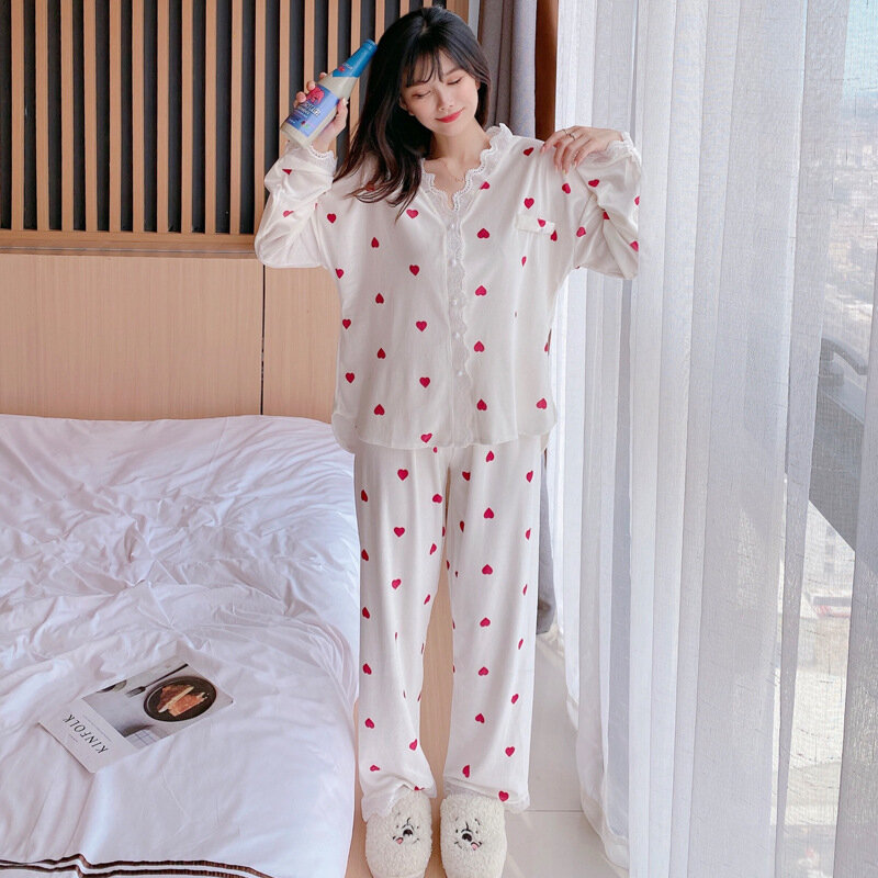 Impressão de veludo moda pijamas conjunto 2021 rendas pijamas conjunto feminino outono inverno calças completas duas peças terno casa wear cardigan