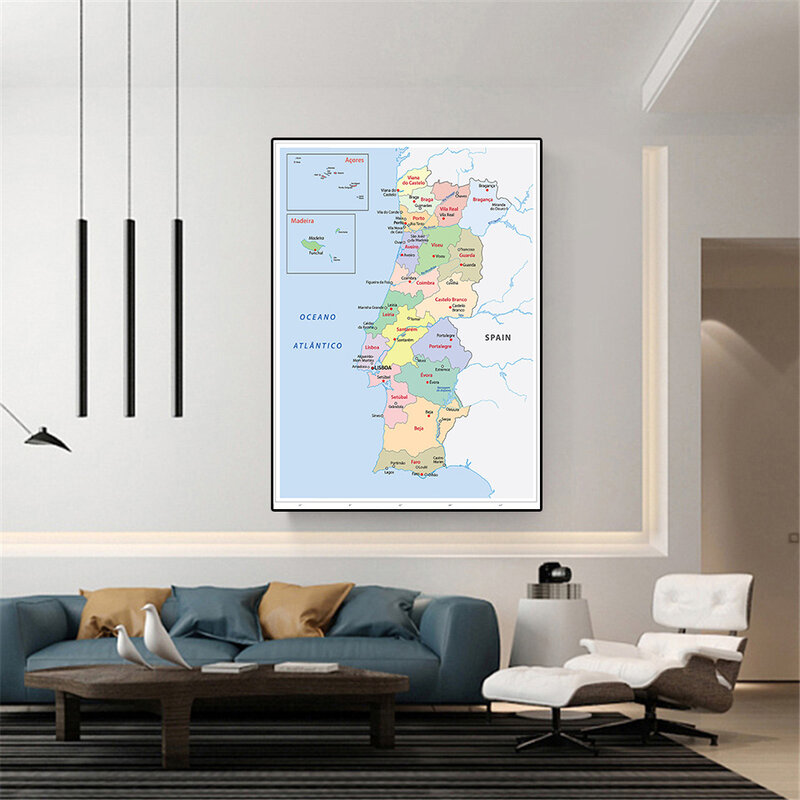 Mapa político de portugal, arte da parede, 60*90cm, poster de pintura em tela, decoração de casa, sala de aula, material escolar, português