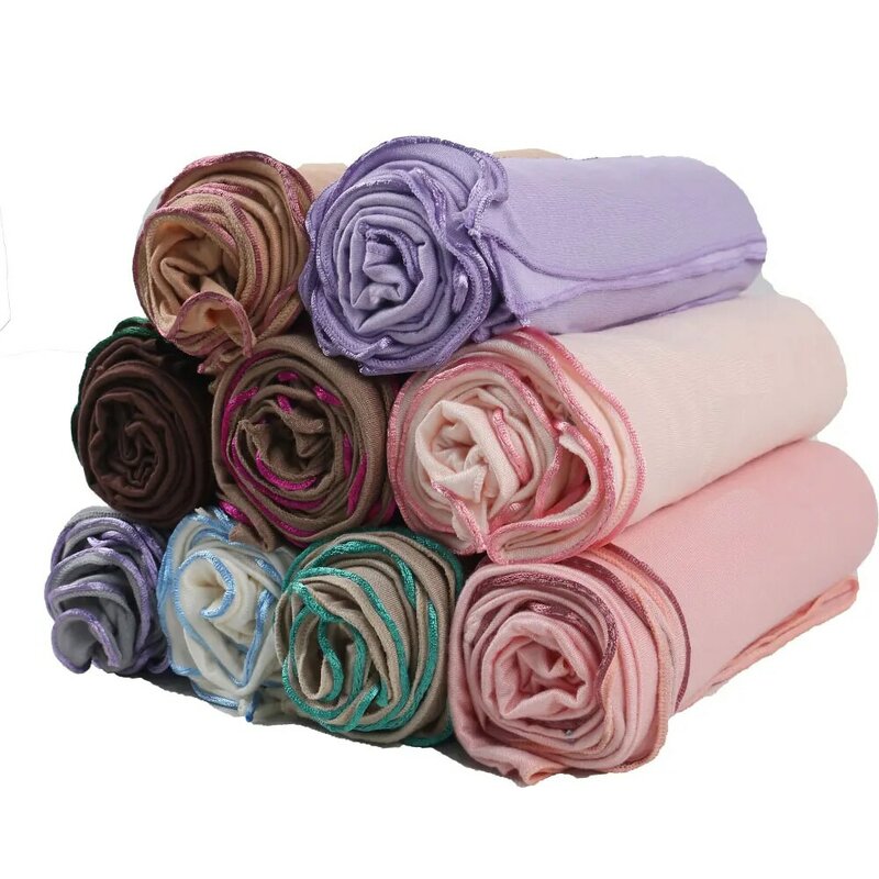 Xales de algodão liso para mulheres, linhas coloridas, envoltórios muçulmanos Hijab, monocromáticos, tricotados, elásticos, na moda, cachecol para senhoras