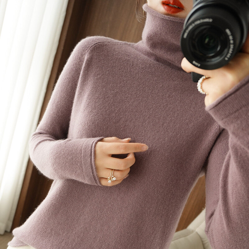 Sweter Wanita Musim Gugur Musim Dingin Baru Kaus Bottoming Longgar Lengan Panjang Pulover Leher Tinggi Serbaguna dan Sederhana Versi Korea