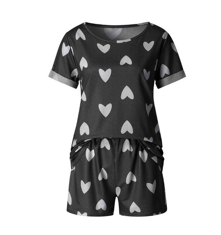여성 잠옷 세트, 귀여운 사랑의 하트 프린트 반팔 티셔츠, 상의 및 반바지 세트, 홈웨어 잠옷 의상, 라운지웨어 세트