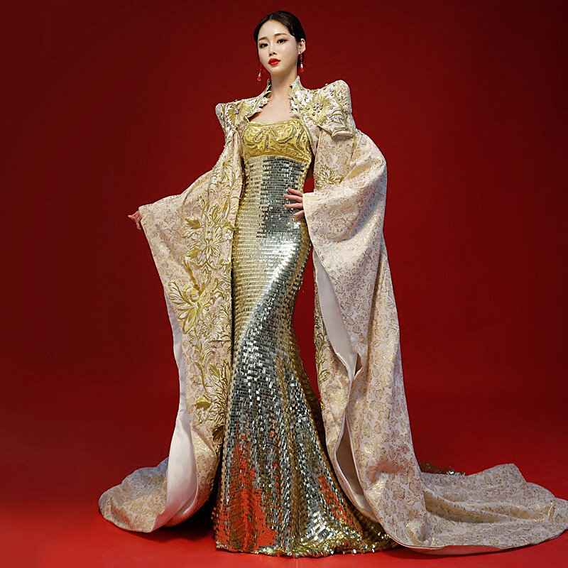 2ชิ้นทองดูไบซาอุดีอาระเบียอาหรับชุด Mermaid ชุดราตรีผ้าคลุมไหล่ Robe ยาวหรูหราชุดคลอดบุตรชุด Abendkleider
