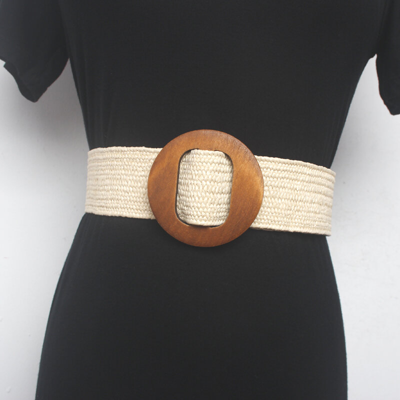 Women waist sealing  Fashionable Wood Round Buckle Grass Rubber Elastic Wide Belt Decorative With Casual Waistband