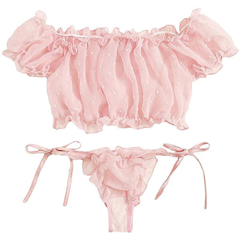 Комплект нижнего белья из 2 предметов для девочек, привлекательный сетчатый бюстгальтер с завязками и оборками, Добби, домашняя одежда