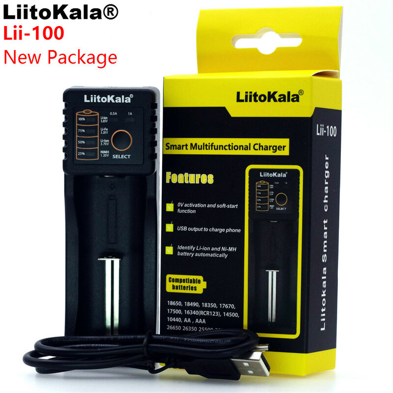 Liitokala-Carregador de Bateria, Ficha EU, Lii-100, 1.2 V, 3 V, 3.7 V, 4.25V, 18650, 26650, 18350, 16340, 18500, AA, AAA