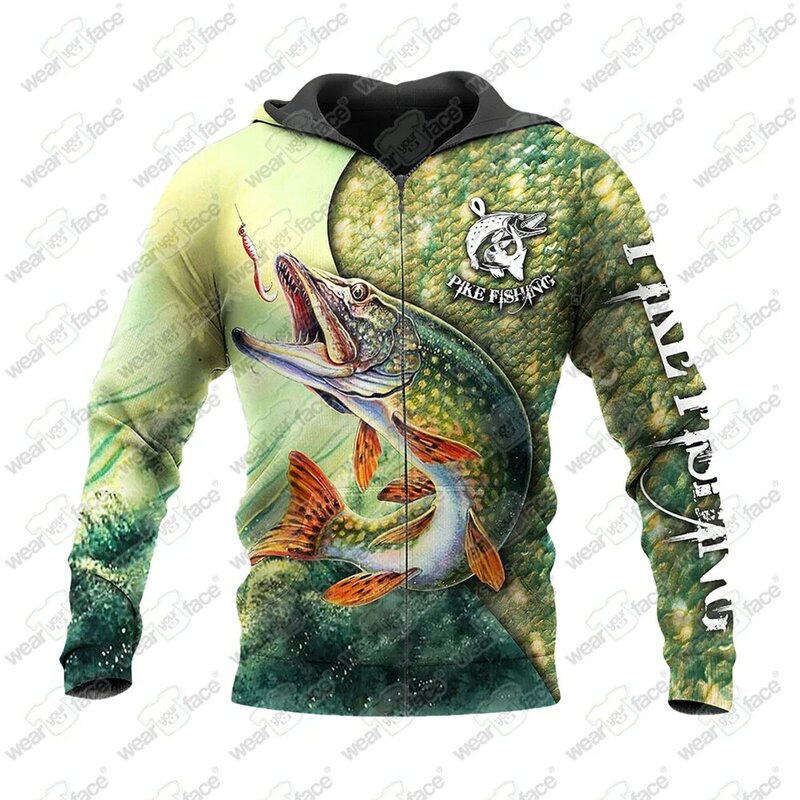 Pike Fishing 3D All Over Printed Sweatshirts Zipper Hoodies Tracksuits Shorts Casual Sports Streetwear Vocation Unisex Clothing