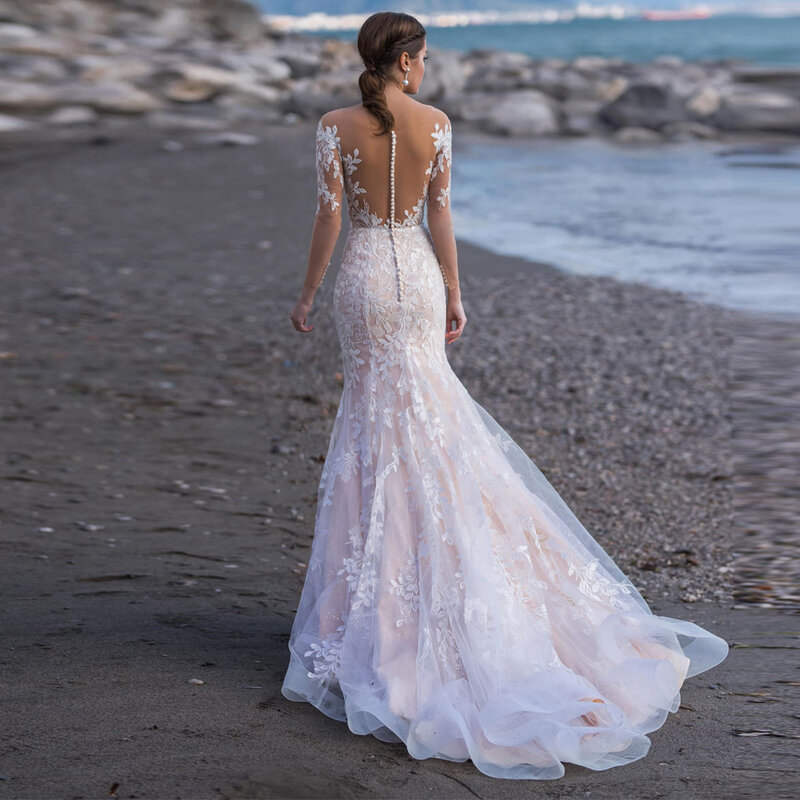 Vestido de novia de tul de manga larga para playa, elegante vestido de novia con cuello en V, Apliques de encaje, ilusión trasera con botón, hecho a medida