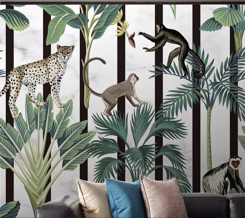 Kustom Hutan Hujan Tropis Hewan Mural Wallpaper Modern Ruang Tamu Kamar Tidur Latar Belakang 3D Dinding Mural Kertas Dekorasi Rumah