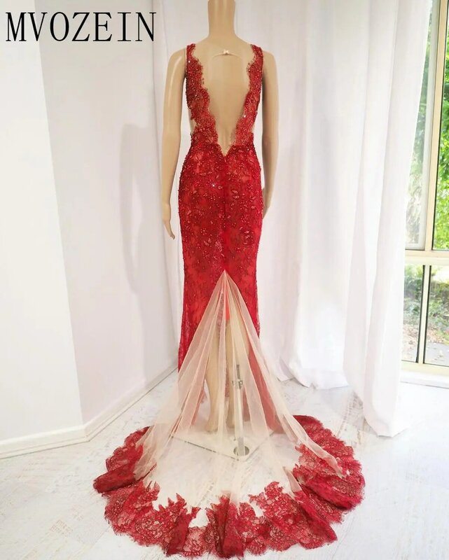 Vestidos Red Mermaid suknia wieczorowa 2023 głębokie dekolt bez rękawów wysoki podział przepuszczalność długie suknie wieczorowe Robe de soiree