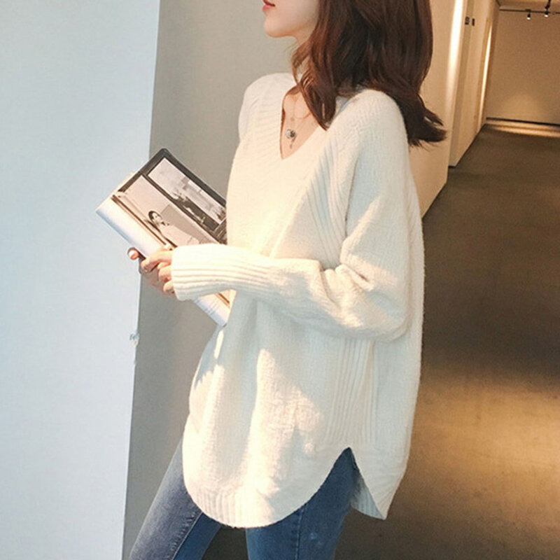 Women Casual Loose Sweater Solid Color V-neck Split Fashion Japanese Style Knitted Pullover Sweaters Autumn Winter 2020 Tops