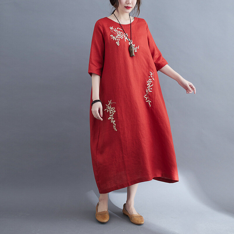 Gaun Tradisional Cina Wanita Katun Linen Tipis Retro Lengan Pendek Bordir Bunga Jubah Panjang Longgar Tang Pakaian Cheongsam