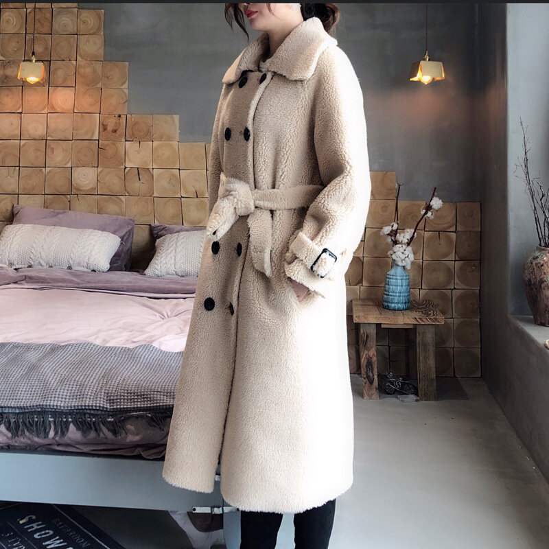 Manteau de mouton mi-long pour femmes, automne et hiver, en laine, fourrure Composite, Double boutonnage, veste chaude à ceinture