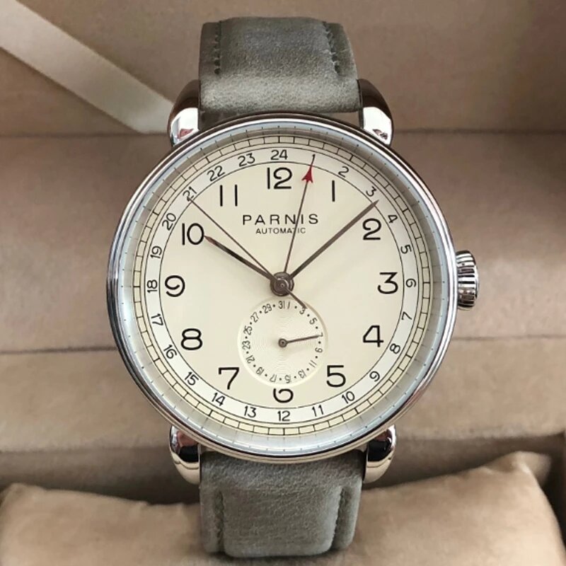Parnis-reloj mecánico automático para hombre, pulsera de cuero con caja de regalo, 42mm, GMT, marca árabe, fecha, ventana, ocio superior, nuevo