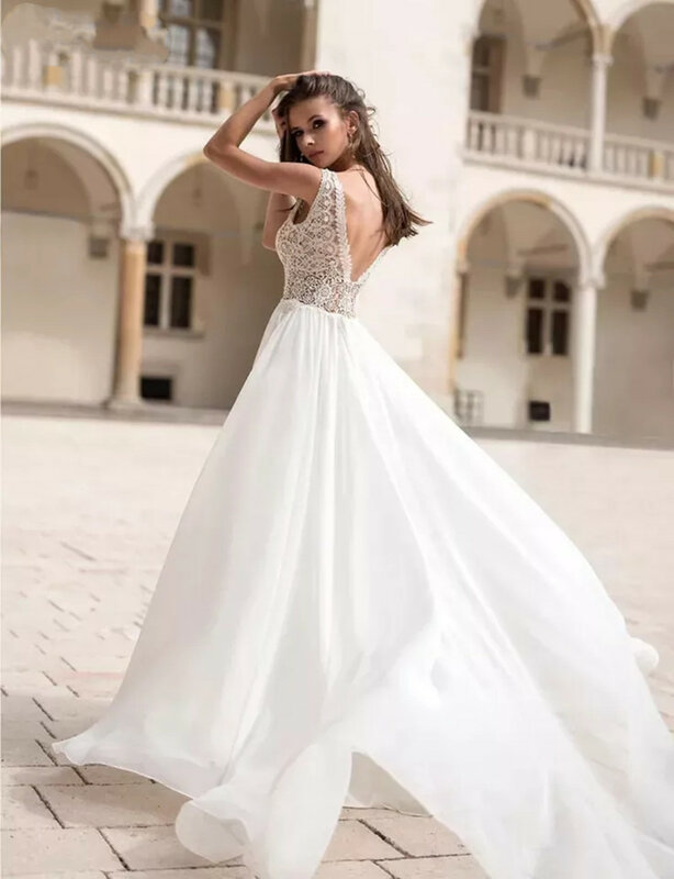 Платье Свадебное шифоновое пляжное со съемными пышными рукавами, V-образным вырезом, Кружева Аппликации открытая спина в стиле бохо, элегантное