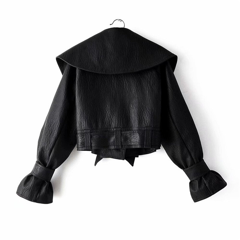 Chaqueta de cuero sintético para mujer, abrigo corto con cuello vuelto, cinturón con cordones, color negro, Punk y rojo, para motocicleta, Otoño, 2023
