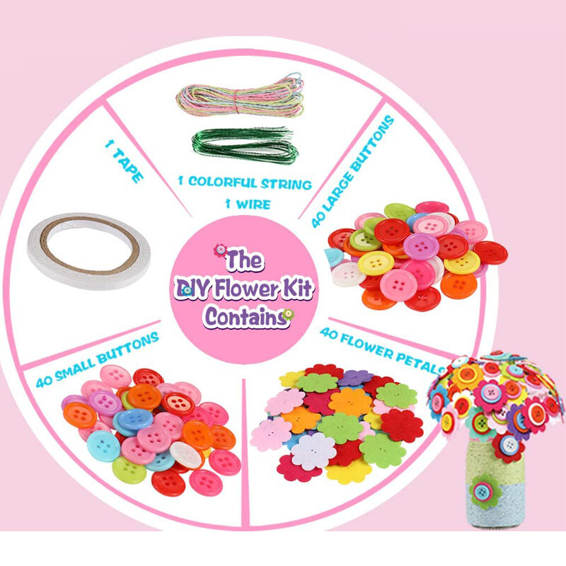 Buket Kit Kerajinan Bunga dengan Tombol dan Vas Bunga Felt Proyek Kerajinan Seni Mainan Anak-anak Mainan Aktivitas DIY Hadiah Anak Laki-laki Perempuan