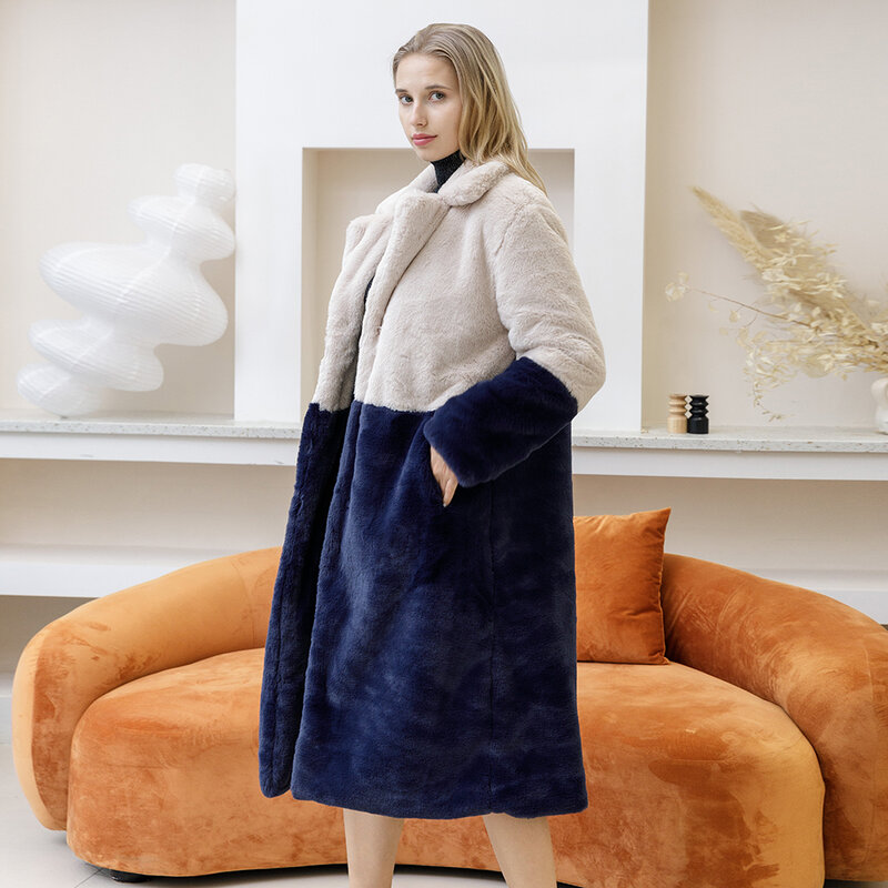 Abrigo de piel de conejo de imitación para mujer, abrigo largo de lujo con solapa, grueso y cálido, talla grande, invierno, 2020