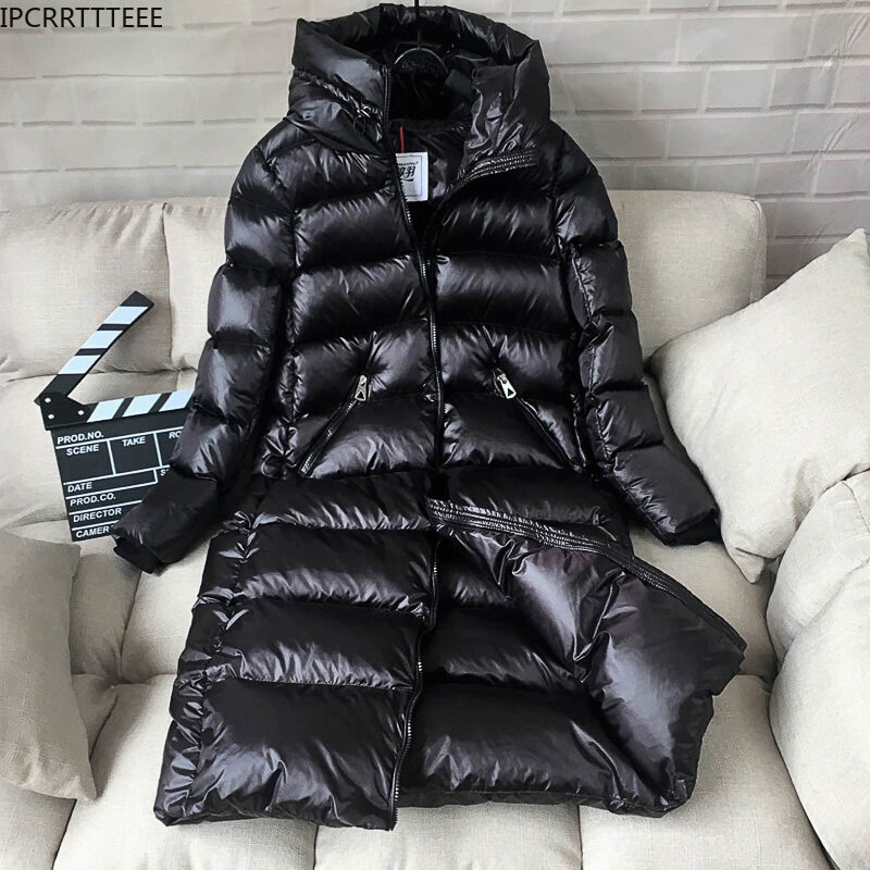 Chaqueta de plumón de pato para mujer, abrigo largo ajustado con capucha, negro, grueso, cálido, 90%