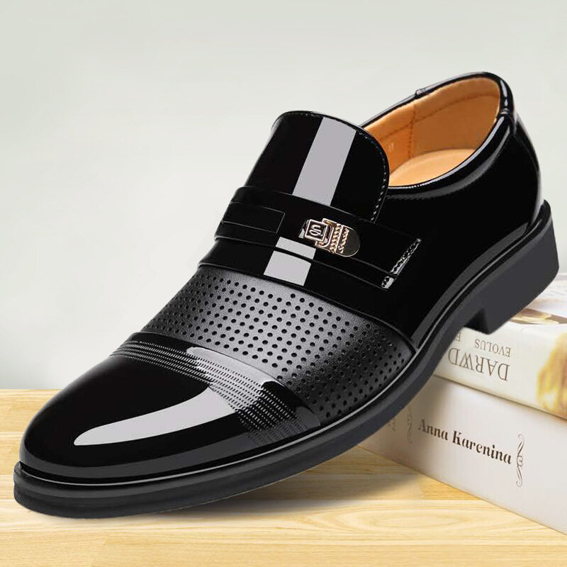 Luksusowe marki PU skórzane modne męskie ubranie formalne mokasyny szpiczasty nosek czarne buty Oxford oddychające eleganckie buty na ślub 698