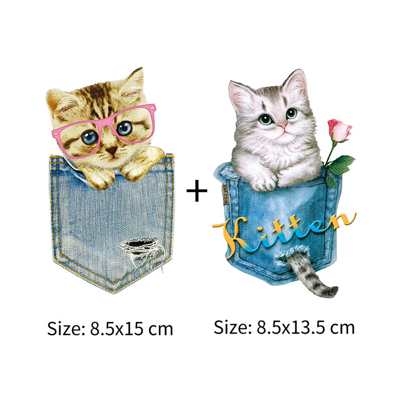 Parches de bolsillo de gatos para planchar en la ropa, bolsa de tela vaquera, adhesivos de vinilo lavables y fáciles de usar