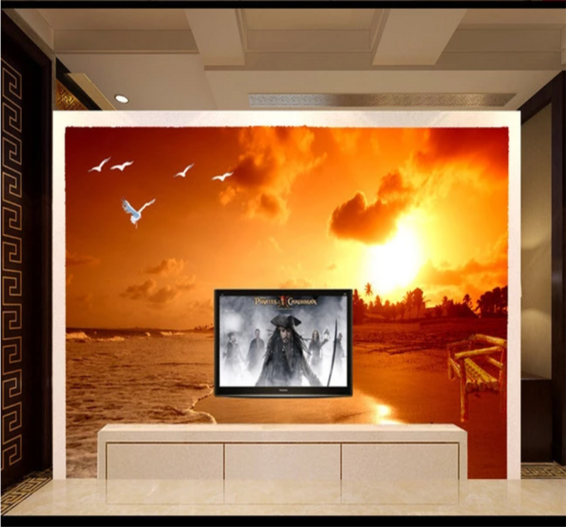 Cenário sol praia paisagem pintura a óleo sala de estar tv fundo da parede personalizado papel parede mural 8d pano à prova dwaterproof água