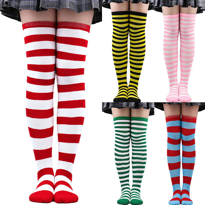 1 Set Women Girls Over Knee Long Stripe Printed Thigh High Cotton Socks Arm Sleeve Gloves Sweet Cute Plus Size Overknee Socks