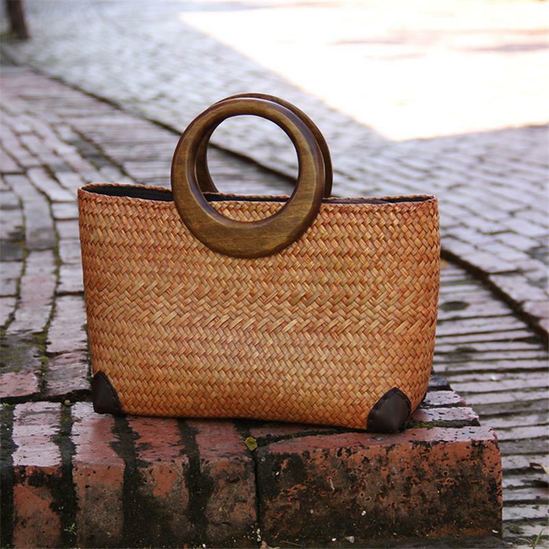 새로운 스타일의 태국 밀짚 등나무 가방, 손으로 짠 여성 문학 레트로 핸드백, a6104, 36x20cm