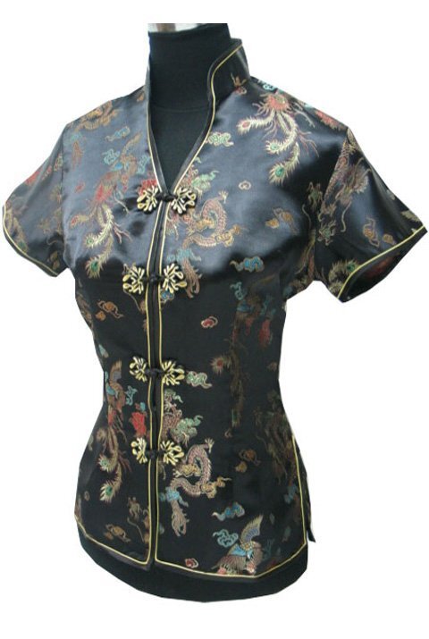 Promotion Blue Chinese Style Women Summer Blouse V-Neck Shirt Tops Silk Satin Tang Suit Top S M L XL XXL XXXL JY0044-4
