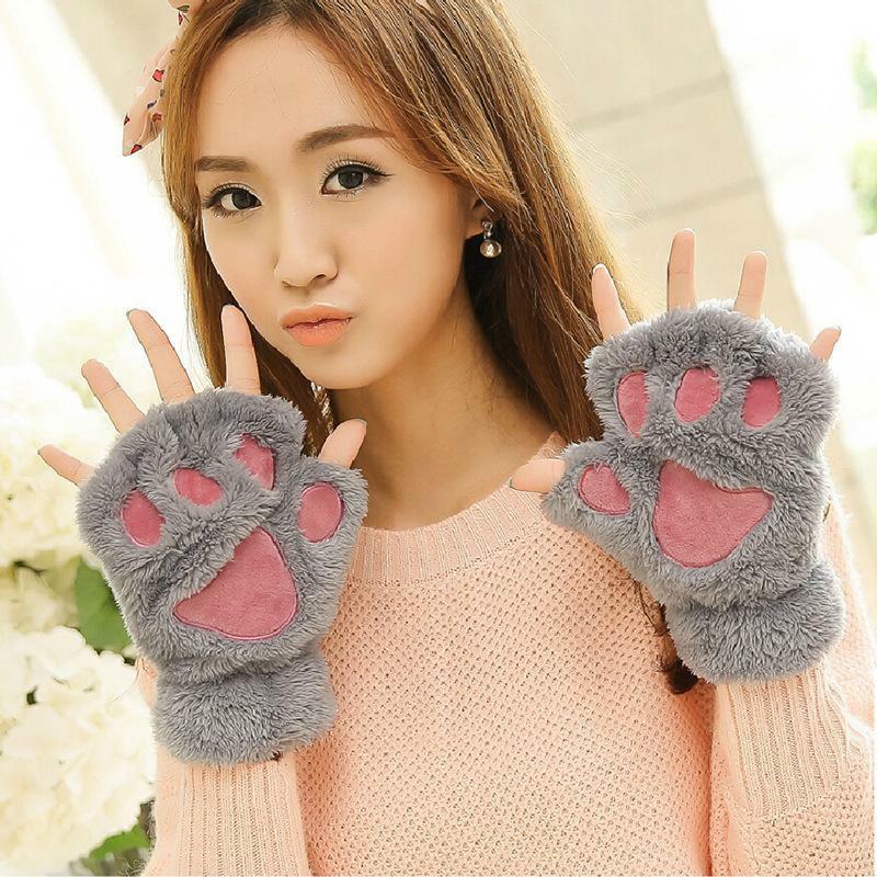Luvas de pata de gato senhoras inverno coreano bonito meninas sem dedos grosso urso quente pata de pelúcia meio dedo moda luvas