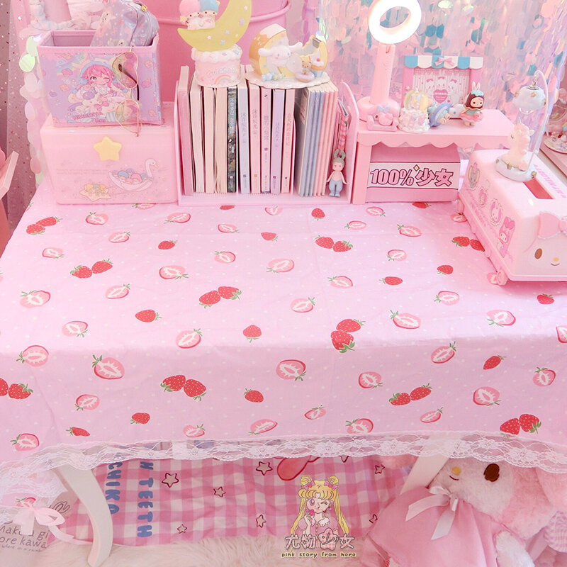 Pink Strawberry Lace Edge Cloth Computer Laptop Mat Modern Home Party Decorative Tablecloth Cover for Girls 5212