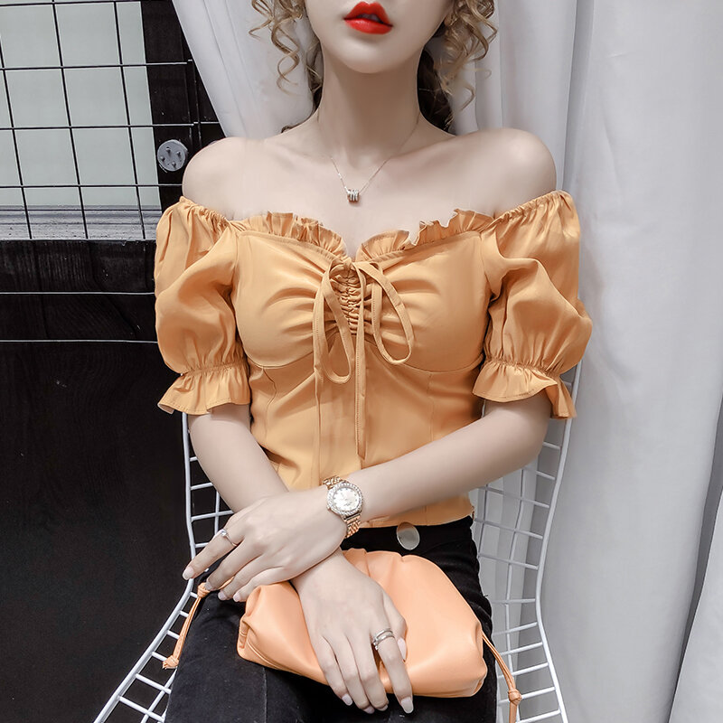 COIGARSAM francés estilo las mujeres blusa de verano nuevo Collar cuadrado blusas tops y blusas para mujer naranja blanco púrpura 6883A