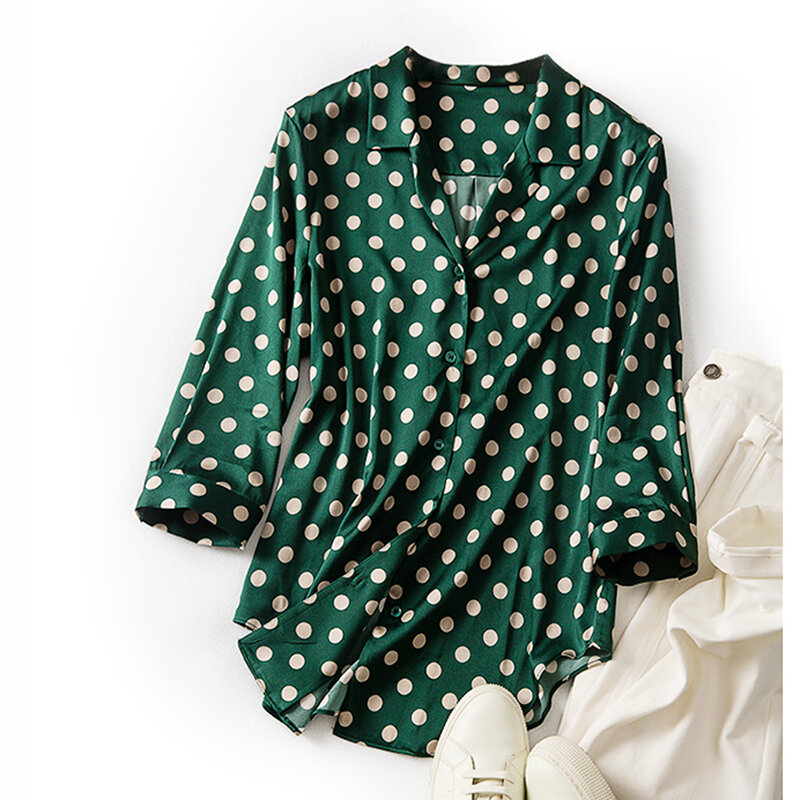 100% wysokiej jakości jedwab bluzka kobieta casualowa Polka Dot koszula wydrukowano prosta konstrukcja rękaw 3/4 bluzka styl biurowy