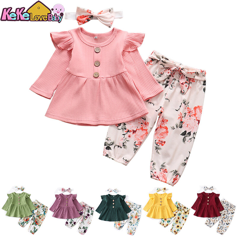 Set di vestiti per neonata Set di maglie a manica lunga in maglia solida pantaloni con stampa floreale fascia 3 pezzi abiti abbigliamento Casual per neonati
