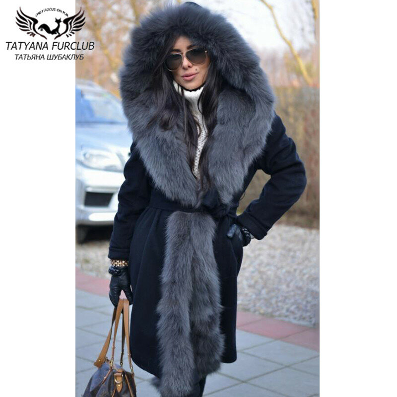 Mantel Bulu Alami Mode Musim Dingin dengan Tudung Wol Panjang Campuran Mantel Bulu Rubah Wanita Pakaian Luar Mewah 2022 Mantel Kasmir Trendi Wanita