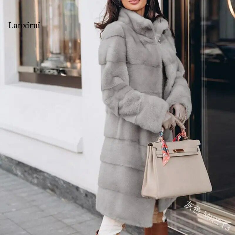 Women Long Sleeve Warm Outwear Winter Casual Coat Lady Faux Fur Plush Stitching Slim Long Coat Parka Jacket