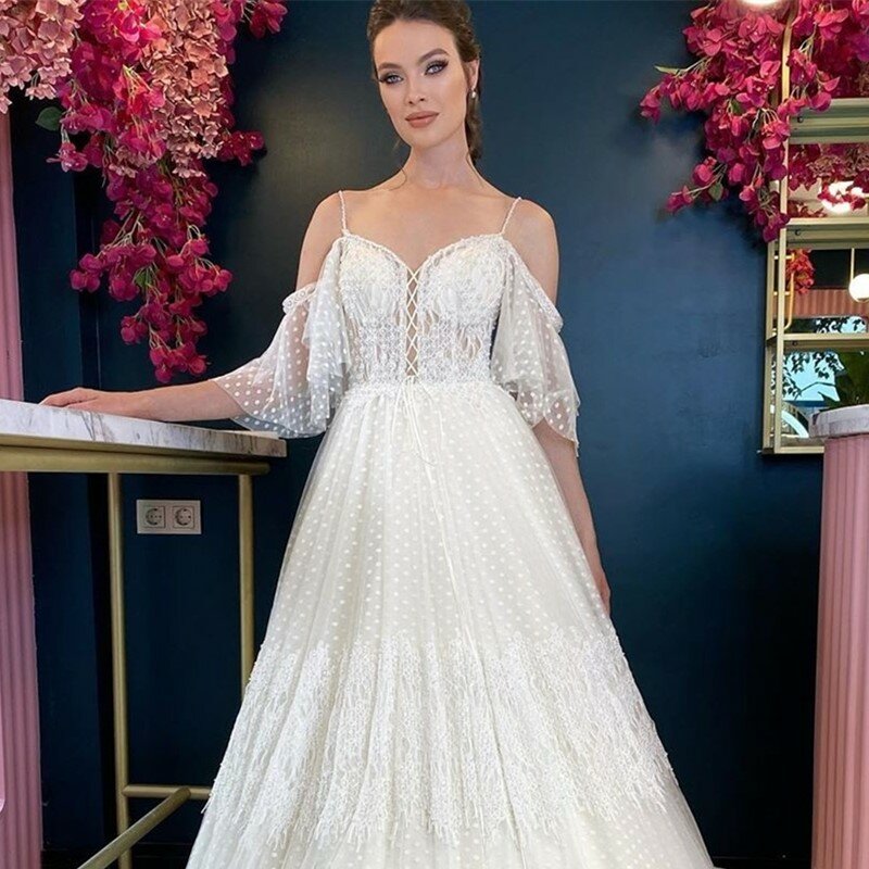 Boho weselny sukienka Off ramię Sweetehart-line piętro długość koronki Apppliques suknie ślubne wspaniały dla kobiet Brides uroczy