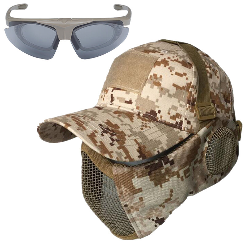 Máscara táctica de malla Airsoft con protección para los oídos, gorra de béisbol, sombrero, gafas para Airsoft, Paintball, tiro, equipo militar, deporte