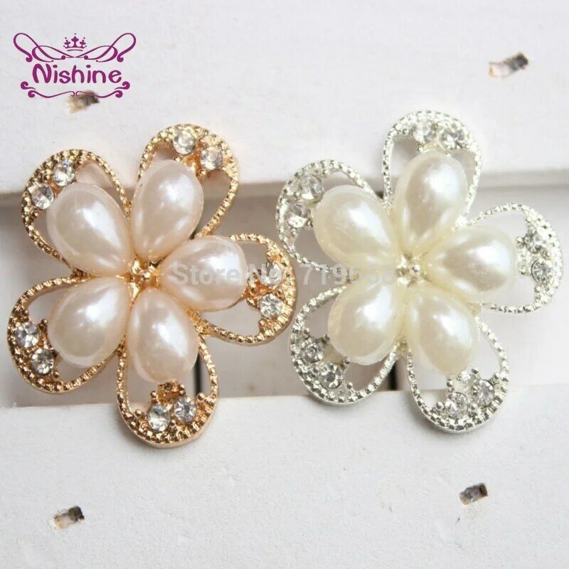 Nishine 5pcs/lot Metal Decorative Buttons Crystal Pearl Flower Center Alloy Flat Back Rhinestone Buttons Diy Craft Supplies