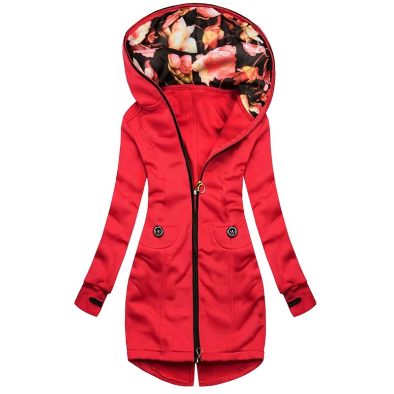 Jaqueta com capuz estampado floral de manga comprida feminina com bolsos, casacos vintage, outwear feminino, oversize, inverno, 2020, F