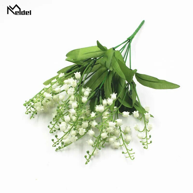 Meldel Mini Flower Bouquet Wedding 7 Forks Lily of the Valley Artificial Flower Fake Lily Valley White Home Party Wedding Decor