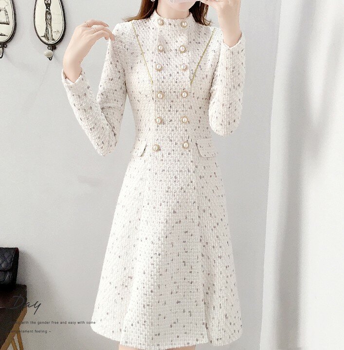 New Arrival Autumn Winter Women Elegant Tweed Double Breasted Stand Collar Long Sleeve Female Fashion Chic Dresses Vestidos
