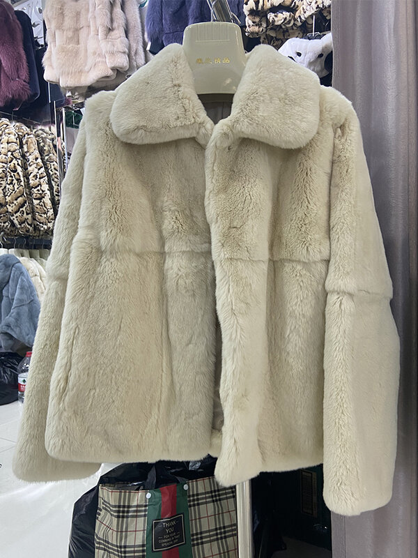 Mantel Jaket Kelinci Rex Alami Nyata Abu-abu Putih Kualitas Tinggi Super Lembut Hangat Musim Dingin Wanita Keluaran Baru Kerah Bulu Kelinci